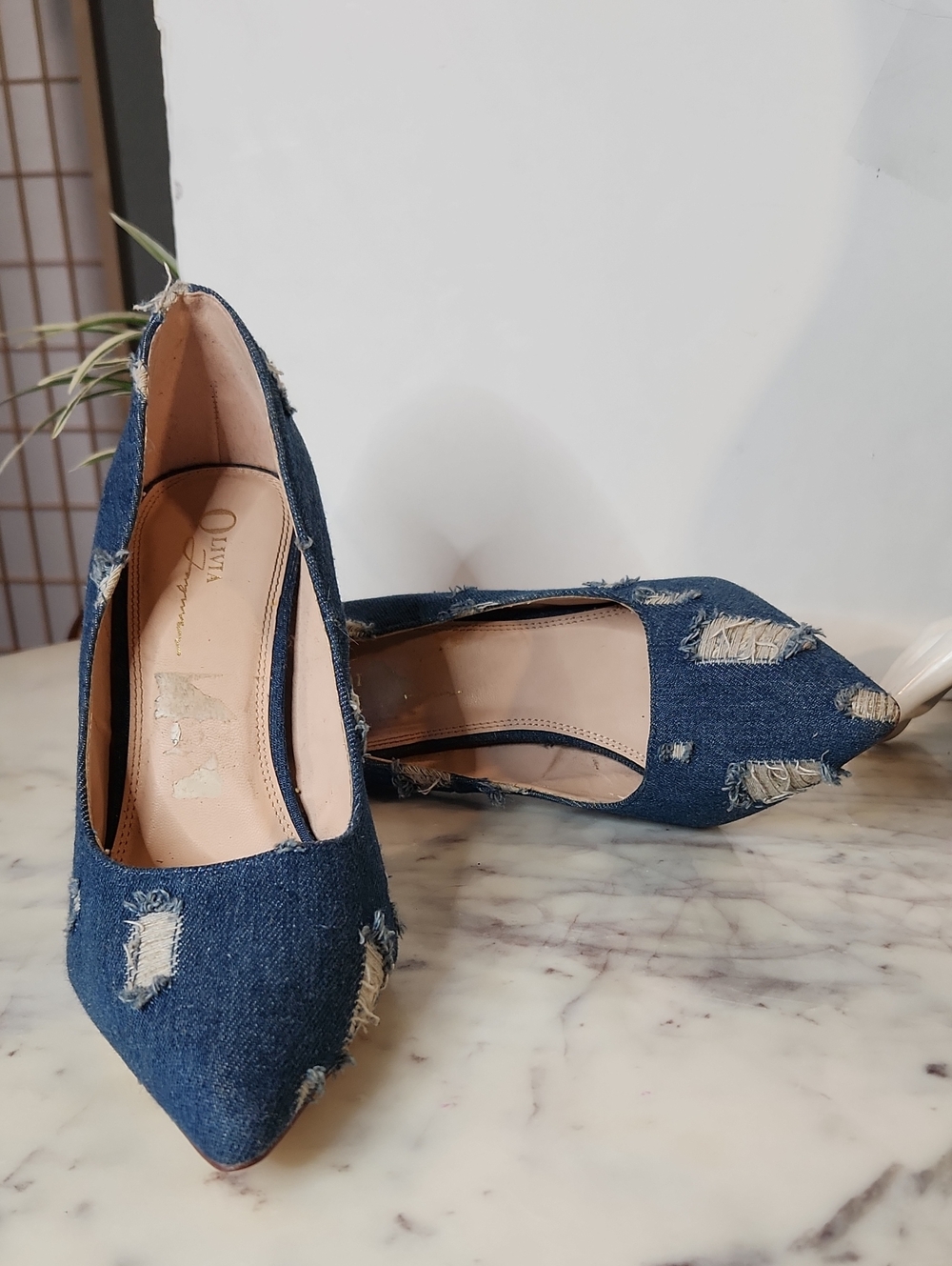 Olivia Ferguson Distressed Denim Pointed Toe Heels - Women Sz10